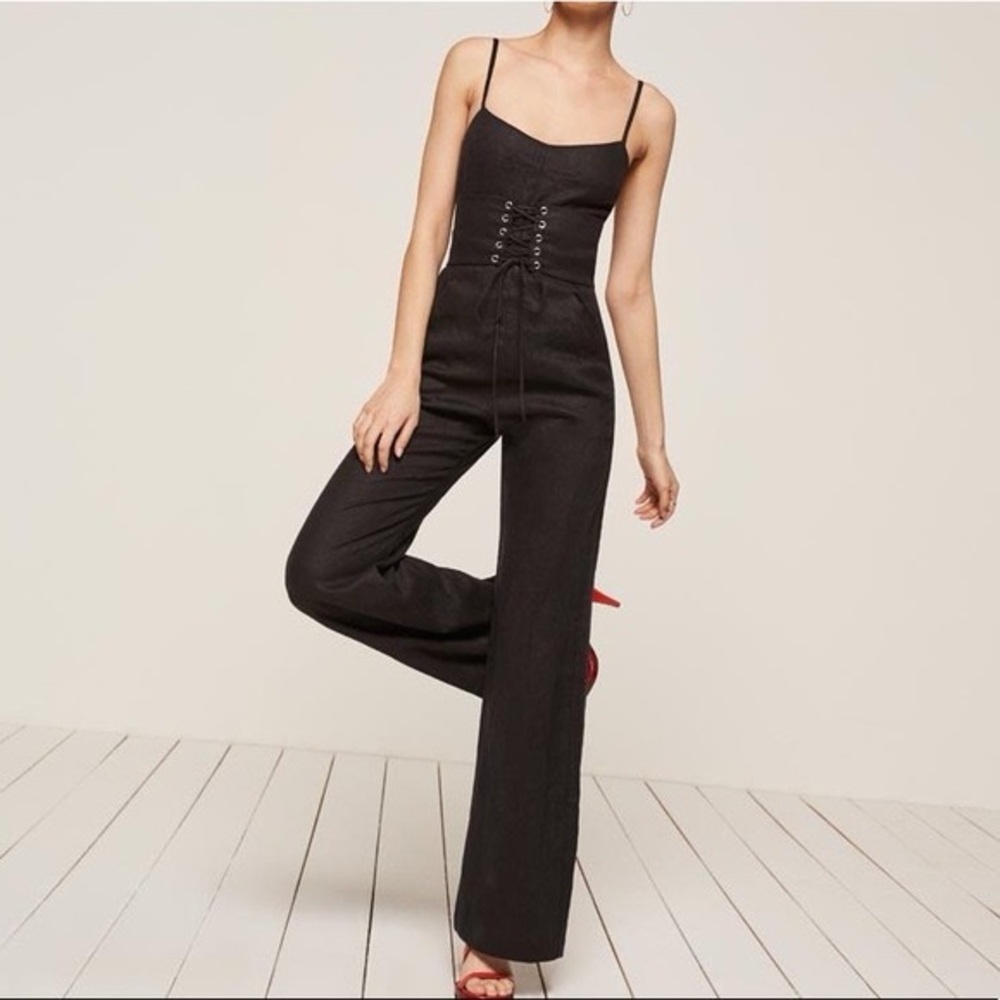 Reformation Pace Black Linen Corset Jumpsuit